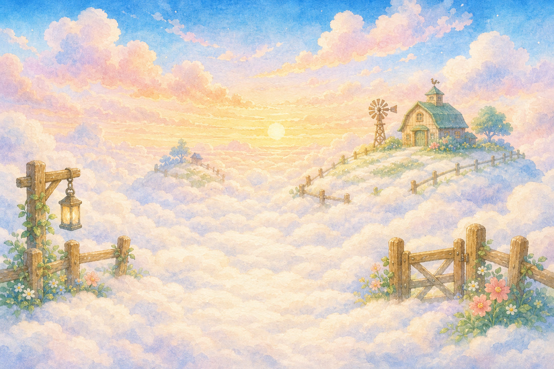 Watercolor sunset over a ranch above the clouds